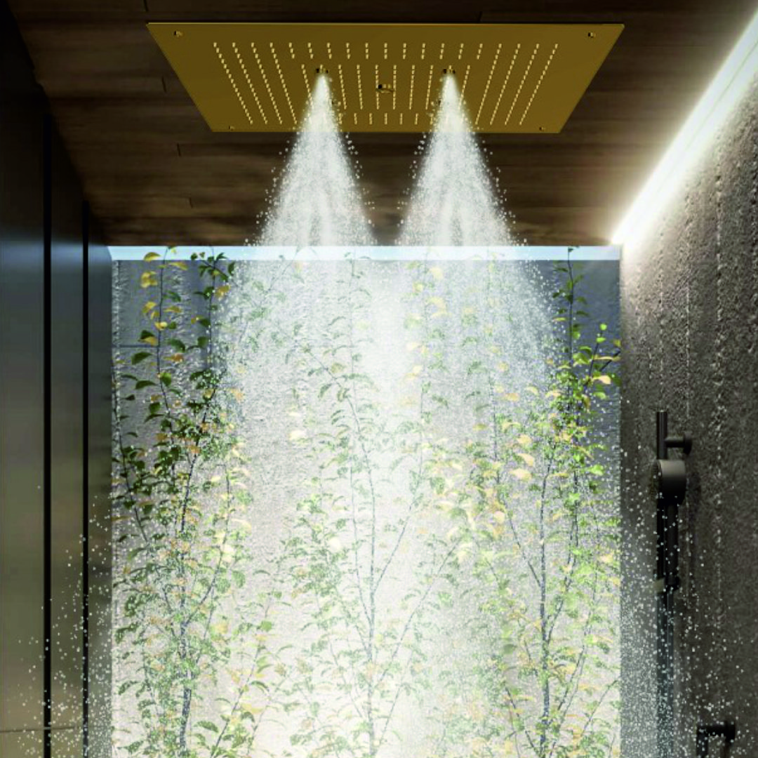 Ceiling shower with rain, mist, and cascade water flows, equipped with chroma LED lighting for premium smart bathroom experiences.